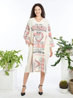 Feed sack Cream Midi Dress with Red Graphic Print